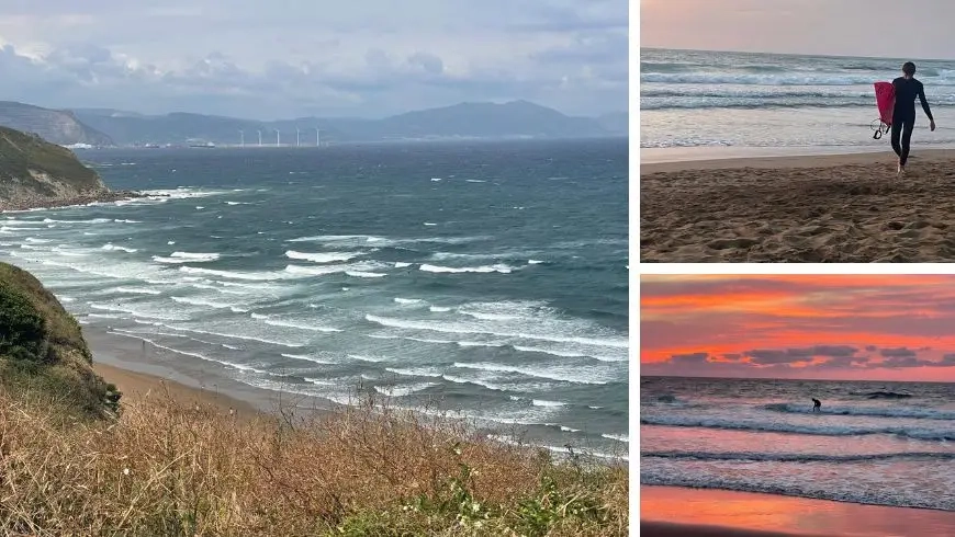 Onde sulla spiaggia di Sopelana, surfista con tavola da surf e surf al tramonto sulla costa basca.